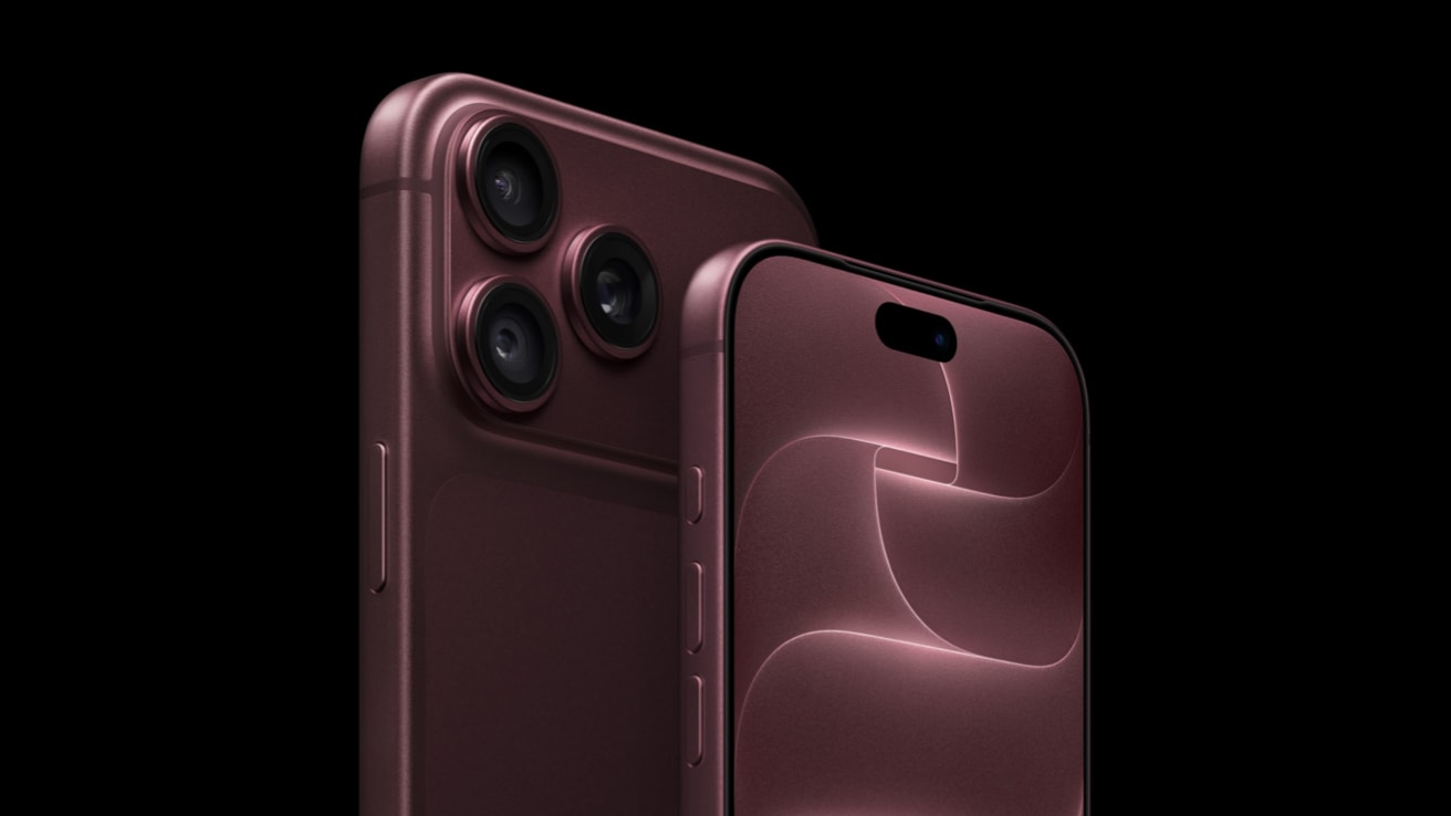 Burgundy iPhone 18 Pro shown from the front and back in an official Apple Newsroom image.