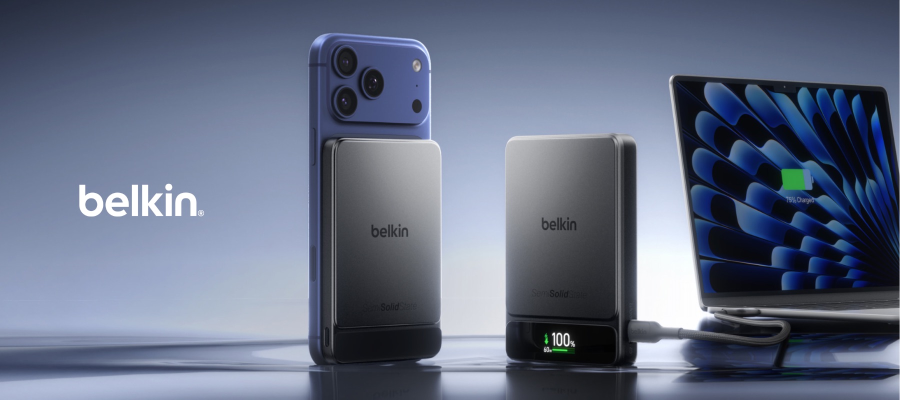 Belkin UltraCharge Pro 5K magnetic and 10K display power banks charging a smartphone and laptop.