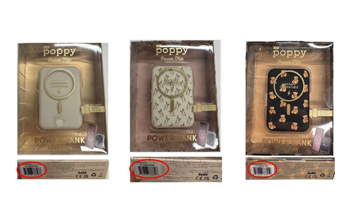Three XO Poppy magnetic power banks and their packaging model labels from the US recall notice.